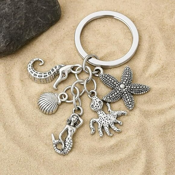 Nautical Keychain with Seahorse, Starfish, Shell, Octopus & Mermaid Charms - Picture 2 of 2